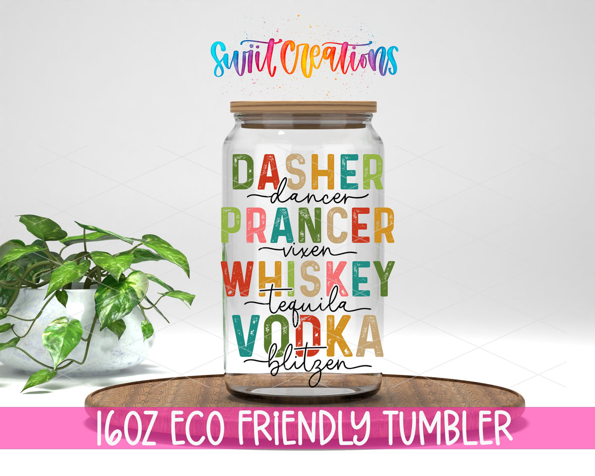 Reindeer Names Holiday Drinks design on a 16 oz clear glass tumbler with bamboo lid