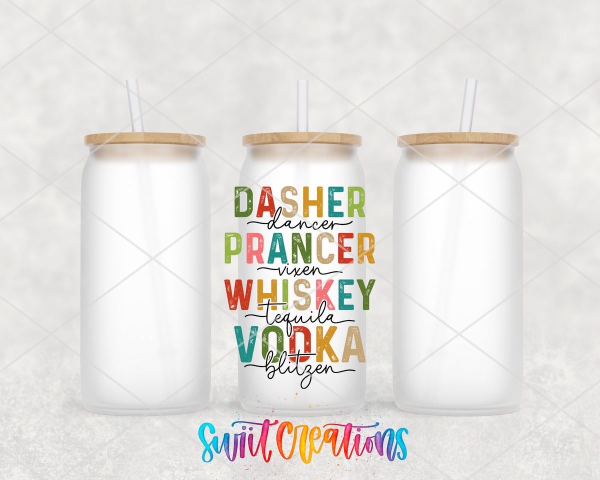 Reindeer Names Holiday Drinks frosted glass tumbler group view with lids and straws