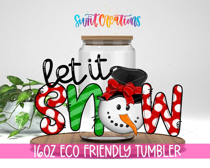 Let It Snow Colorful Snowman design on a 16 oz clear glass tumbler with bamboo lid