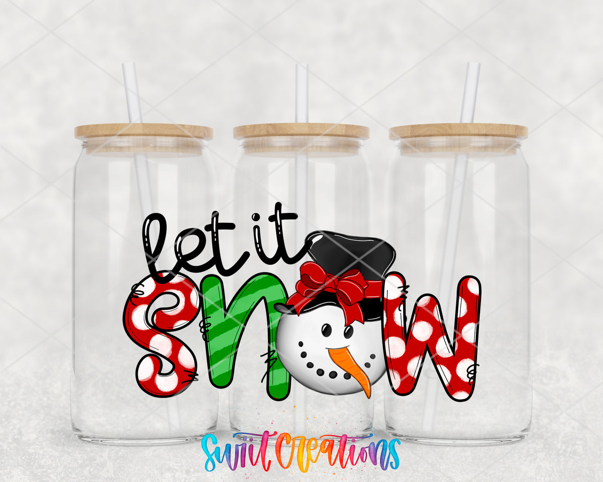 Let It Snow Colorful Snowman clear glass tumbler group mockup with bamboo lids and straws