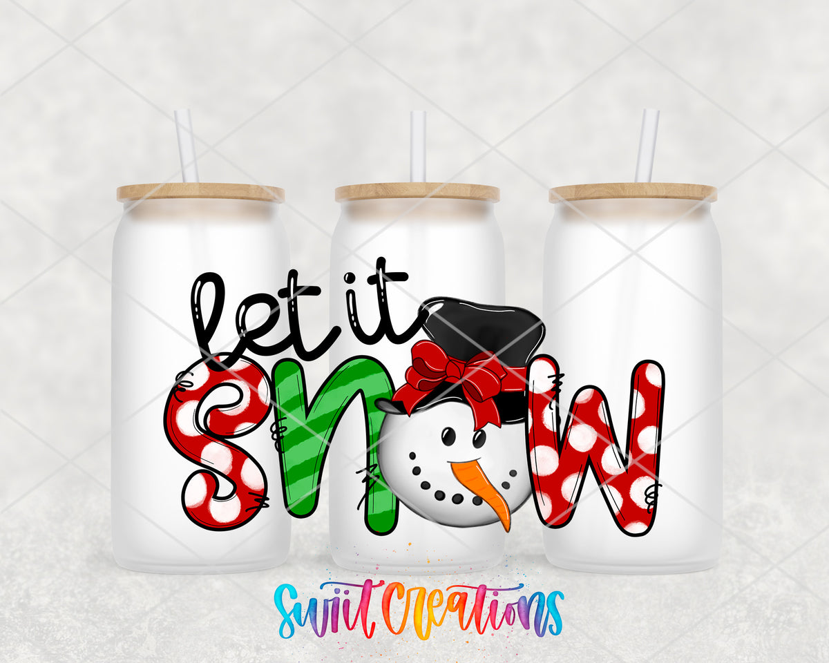 Let It Snow Colorful Snowman frosted glass tumbler group view with lids and straws