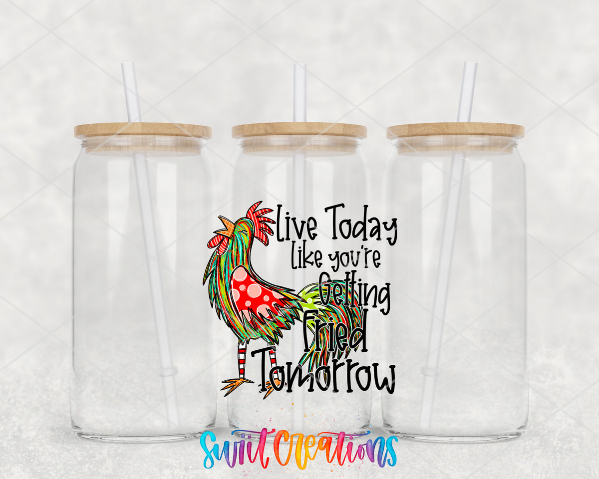 Live Today Fried Tomorrow clear glass tumbler group mockup with bamboo lids and straws