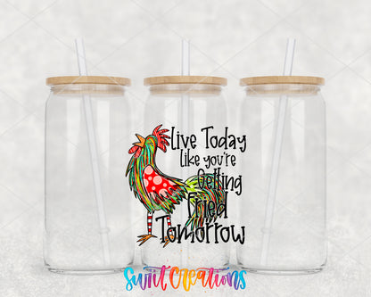 Live Today Fried Tomorrow clear glass tumbler group mockup with bamboo lids and straws