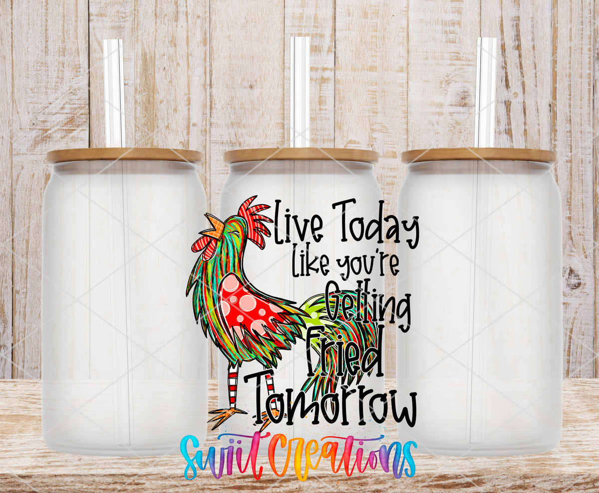 Live Today Fried Tomorrow frosted glass tumbler mockup with bamboo lids and straws
