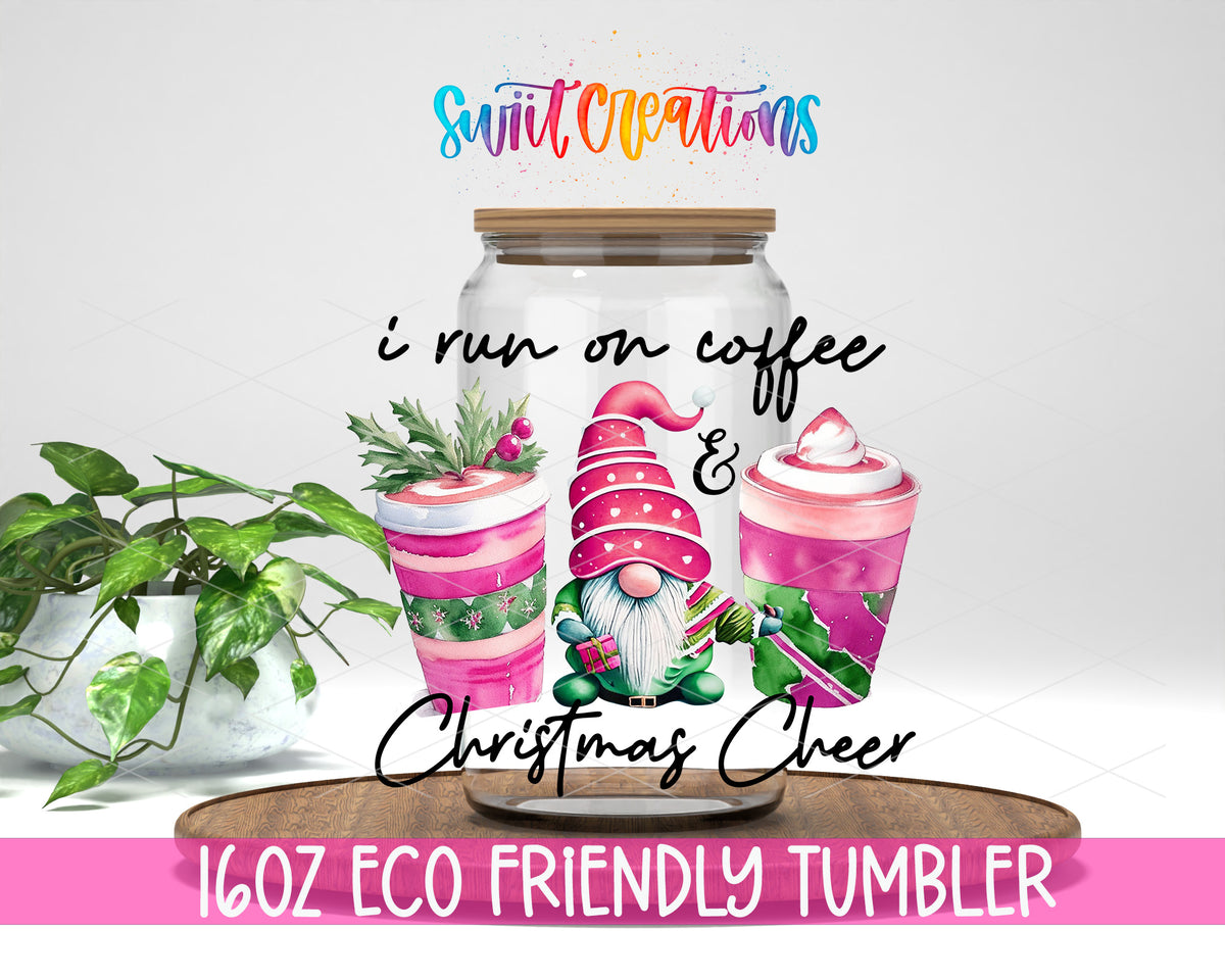 Coffee and Christmas Cheer Gnome design on a 16 oz clear glass tumbler with bamboo lid