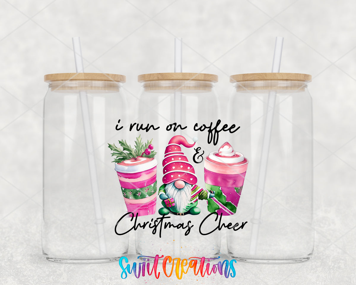 Coffee and Christmas Cheer Gnome clear glass tumbler group mockup with bamboo lids and straws