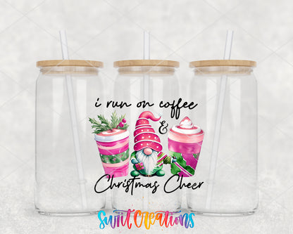 Coffee and Christmas Cheer Gnome clear glass tumbler group mockup with bamboo lids and straws