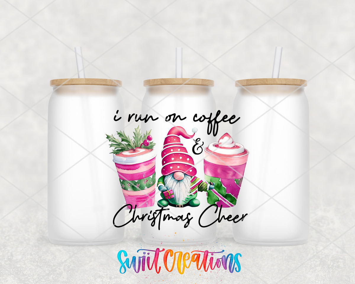 Coffee and Christmas Cheer Gnome frosted glass tumbler group view with lids and straws