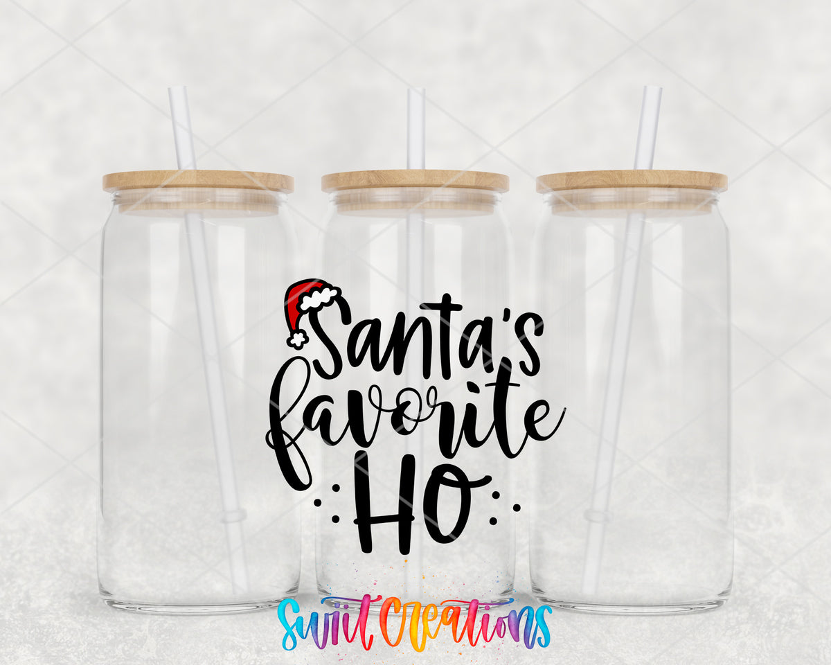 Santa Favorite Ho clear glass tumbler group mockup with bamboo lids and straws