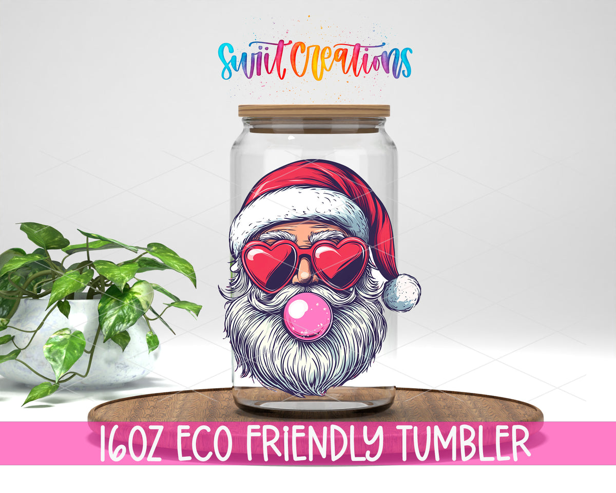 Retro Santa Bubblegum design on a 16 oz clear glass tumbler with bamboo lid