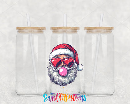 Retro Santa Bubblegum clear glass tumbler group mockup with bamboo lids and straws