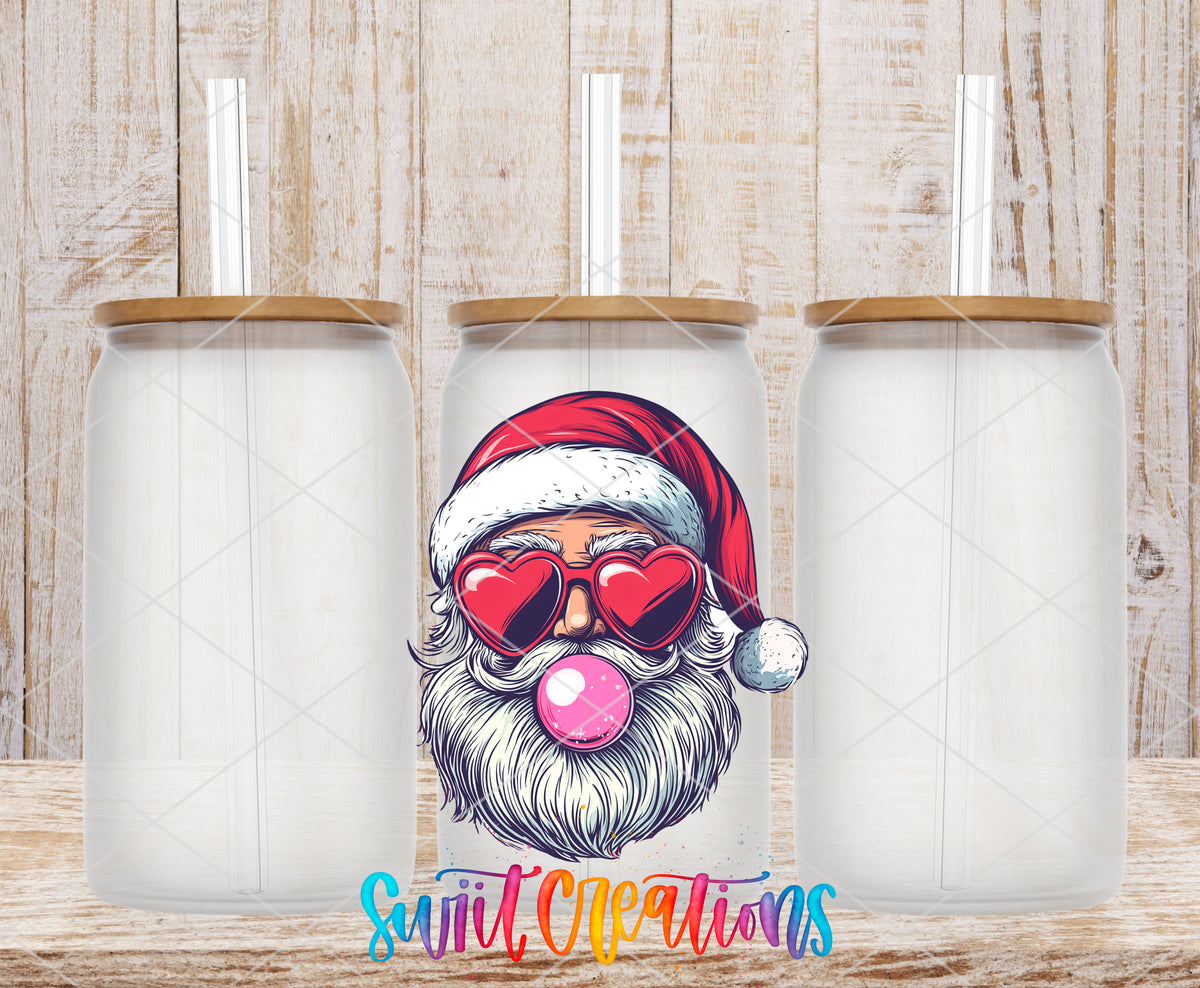 Retro Santa Bubblegum frosted glass tumbler mockup with bamboo lids and straws