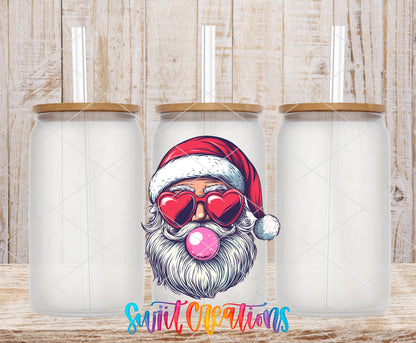 Retro Santa Bubblegum frosted glass tumbler mockup with bamboo lids and straws
