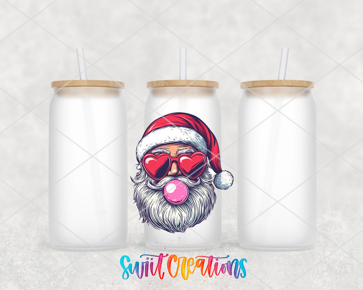 Retro Santa Bubblegum frosted glass tumbler group view with lids and straws