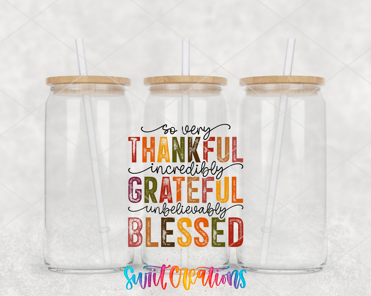 Thankful Grateful Blessed clear glass tumbler group mockup with bamboo lids and straws
