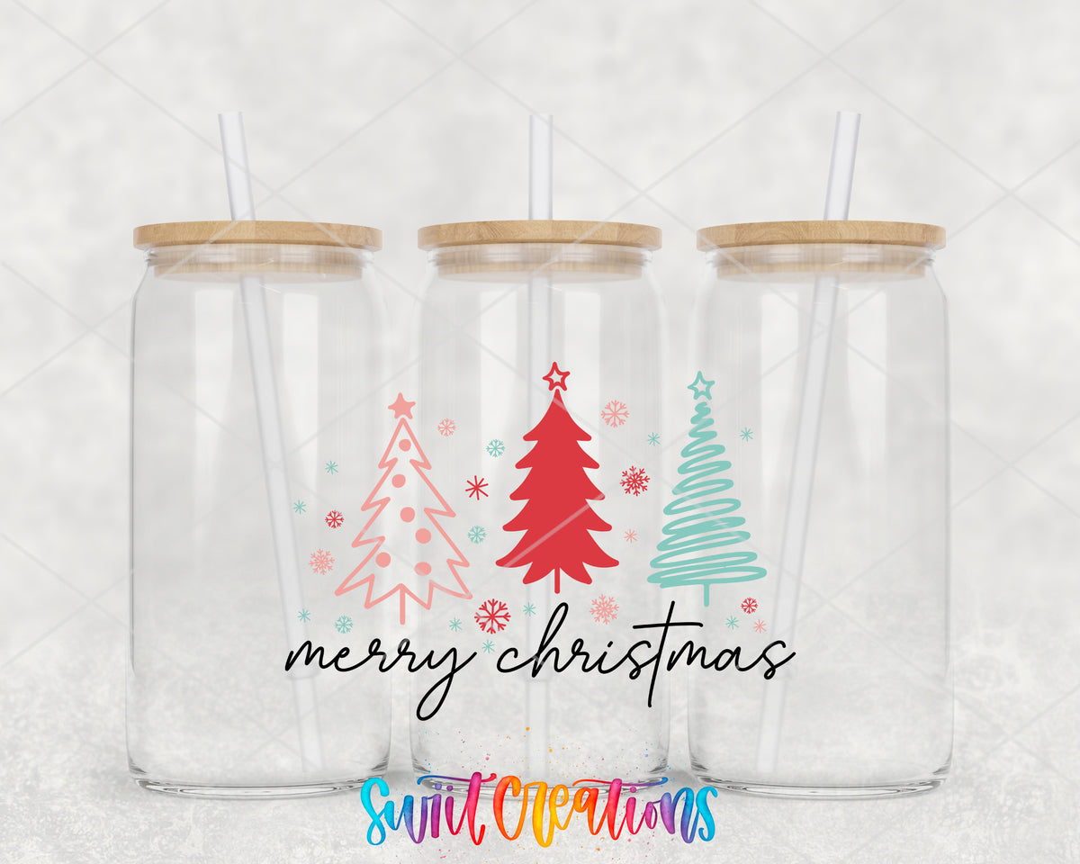 Merry Christmas Three Trees clear glass tumbler group mockup with bamboo lids and straws
