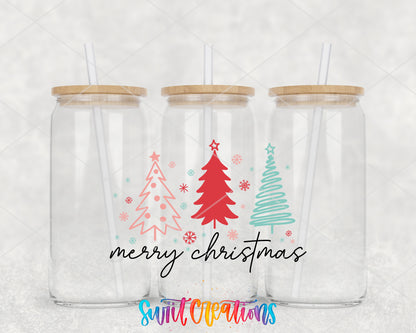 Merry Christmas Three Trees clear glass tumbler group mockup with bamboo lids and straws