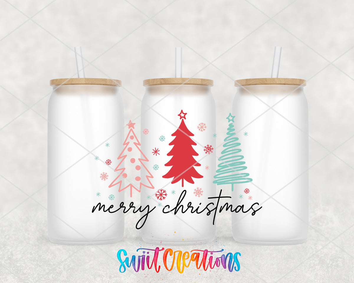 Merry Christmas Three Trees frosted glass tumbler group view with lids and straws