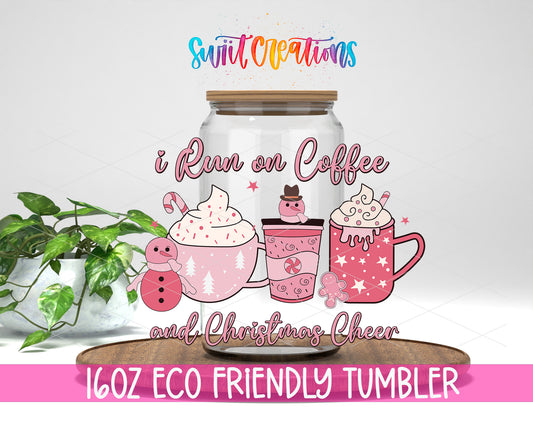 Coffee and Christmas Cheer Pink Drinks design on a 16 oz clear glass tumbler with bamboo lid