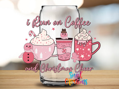 Coffee and Christmas Cheer Pink Drinks design close-up on a clear glass can tumbler