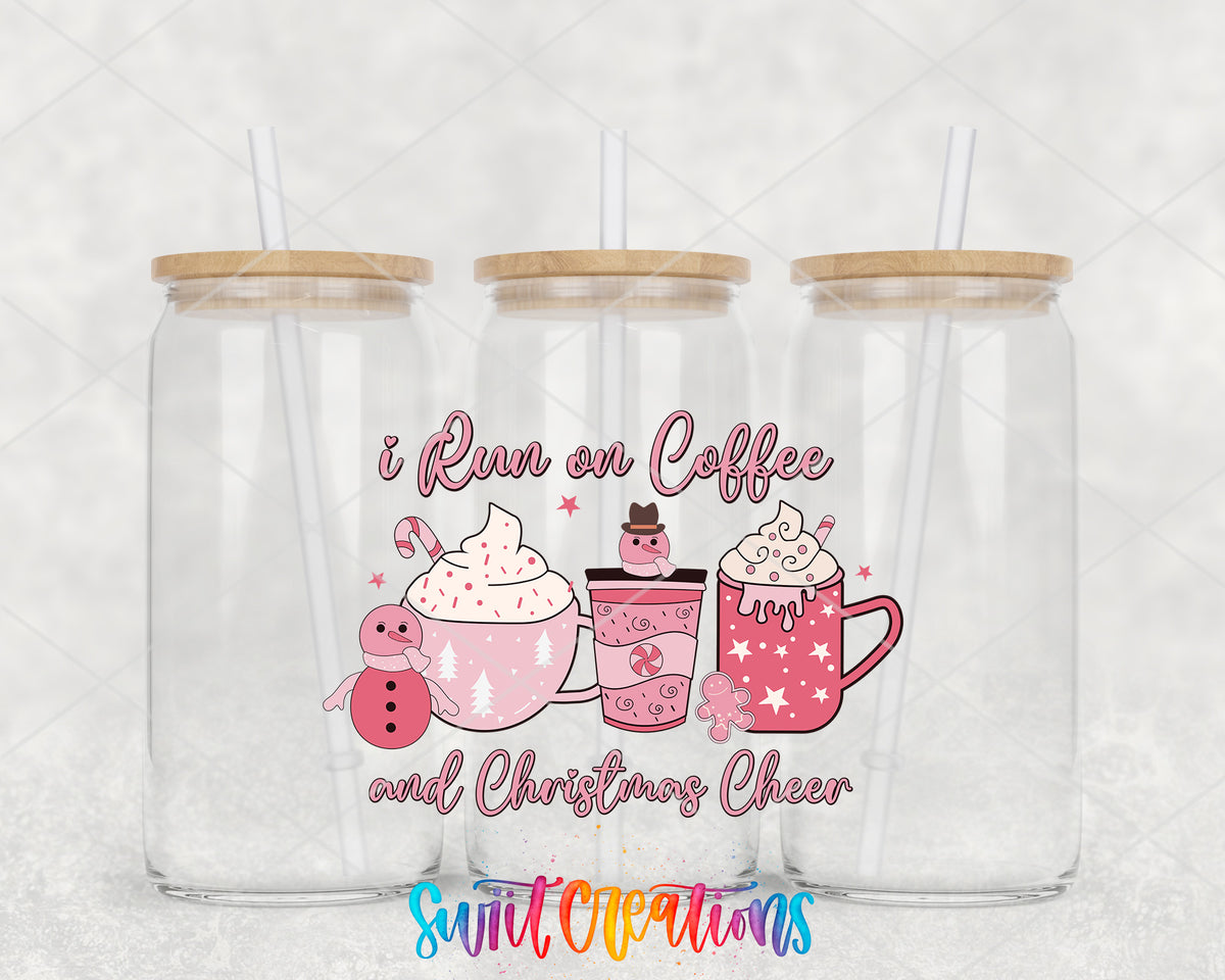 Coffee and Christmas Cheer Pink Drinks clear glass tumbler group mockup with bamboo lids and straws