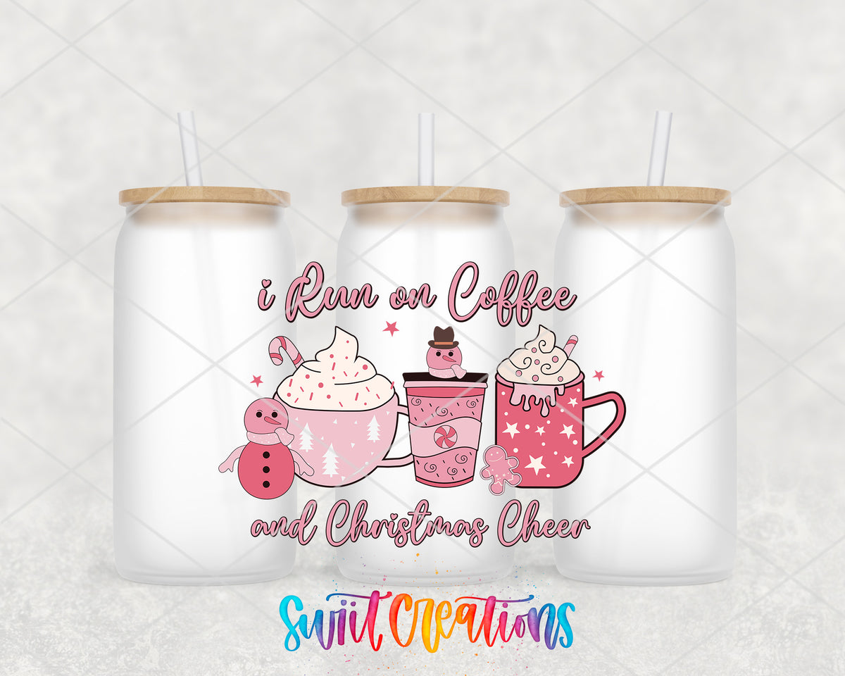 Coffee and Christmas Cheer Pink Drinks frosted glass tumbler group view with lids and straws
