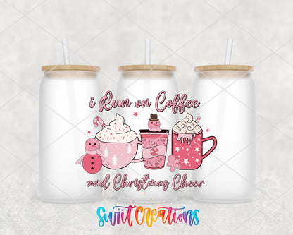 Coffee and Christmas Cheer Pink Drinks frosted glass tumbler group view with lids and straws