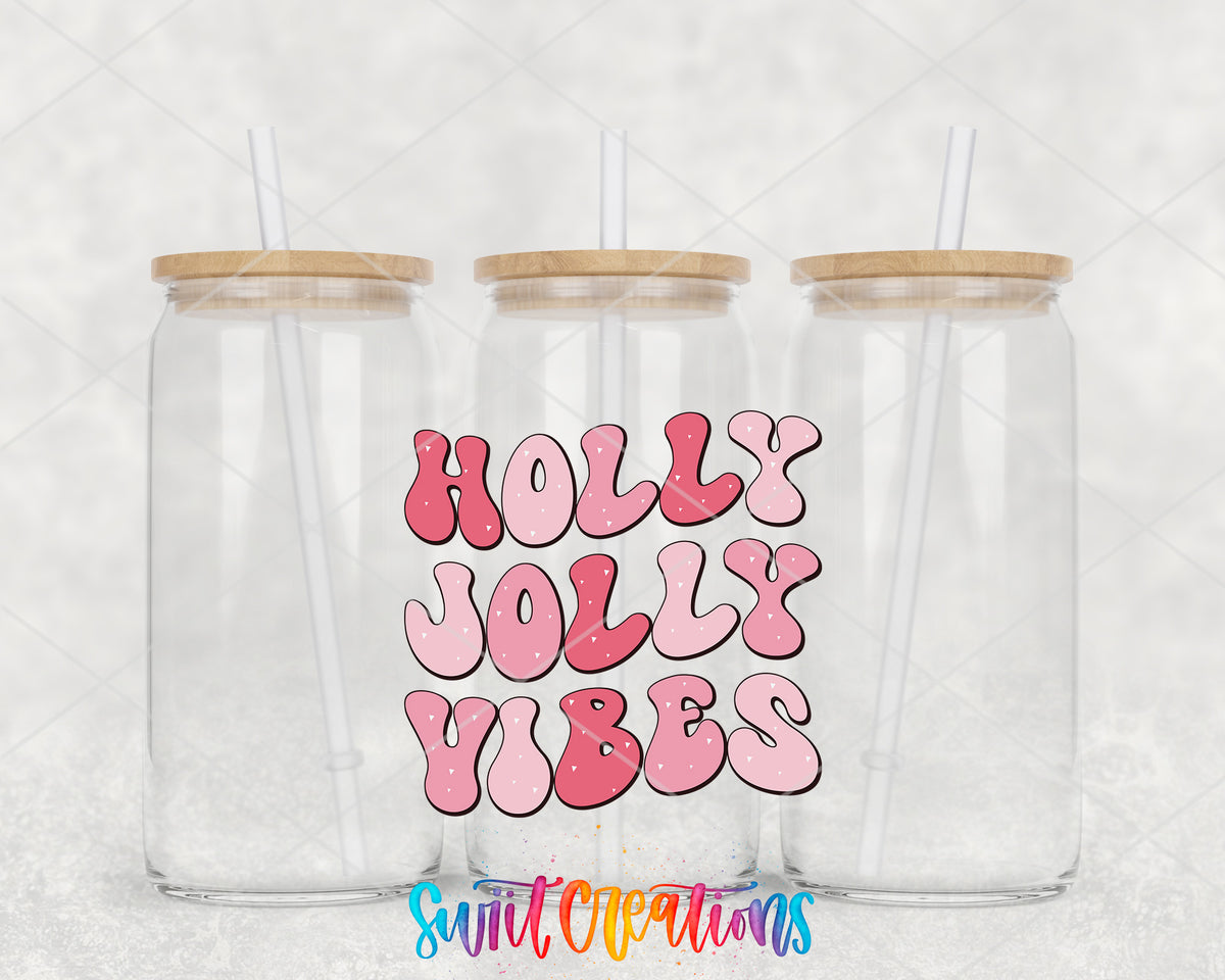 Holly Jolly Vibes clear glass tumbler group mockup with bamboo lids and straws