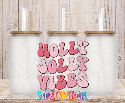 Holly Jolly Vibes frosted glass tumbler mockup with bamboo lids and straws