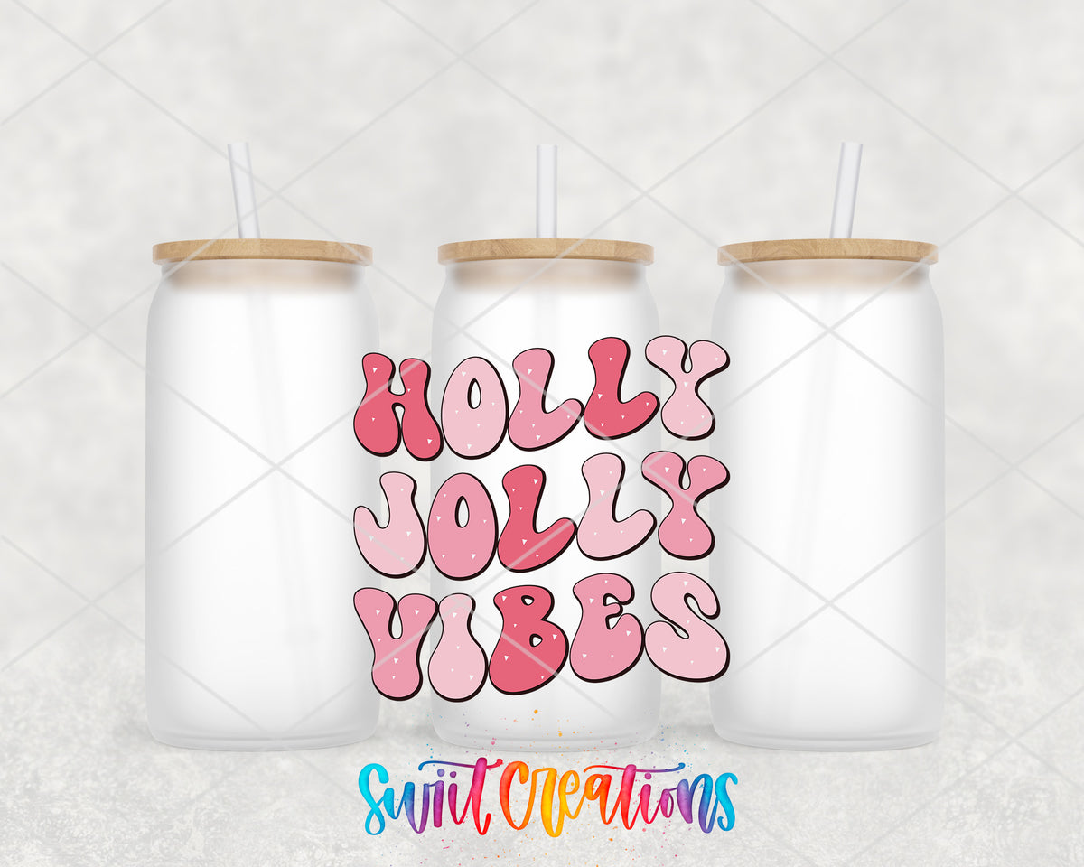 Holly Jolly Vibes frosted glass tumbler group view with lids and straws