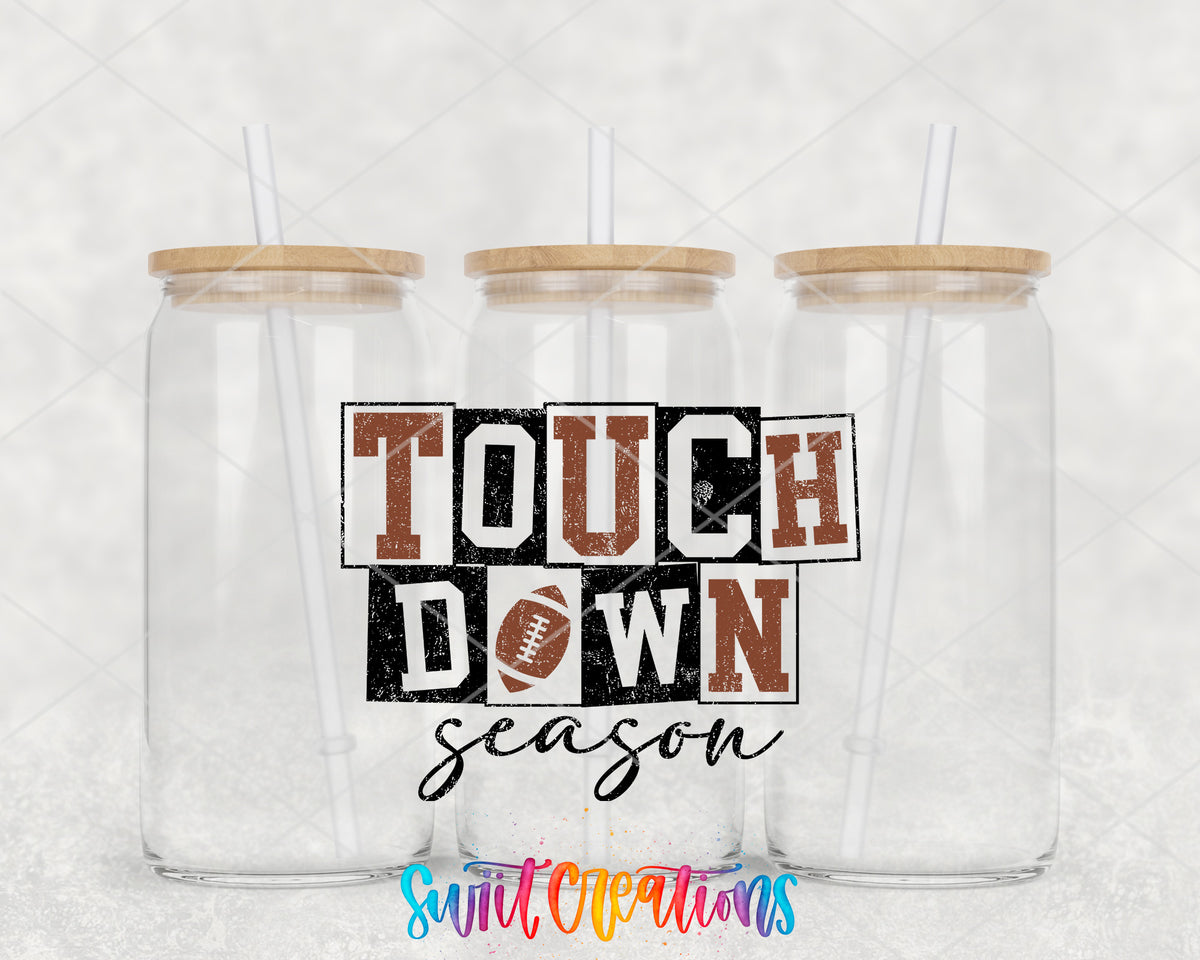 Touchdown Season clear glass tumbler group mockup with bamboo lids and straws