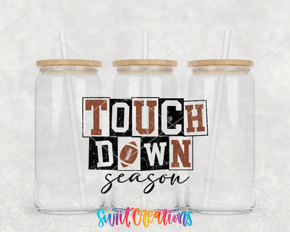 Touchdown Season clear glass tumbler group mockup with bamboo lids and straws