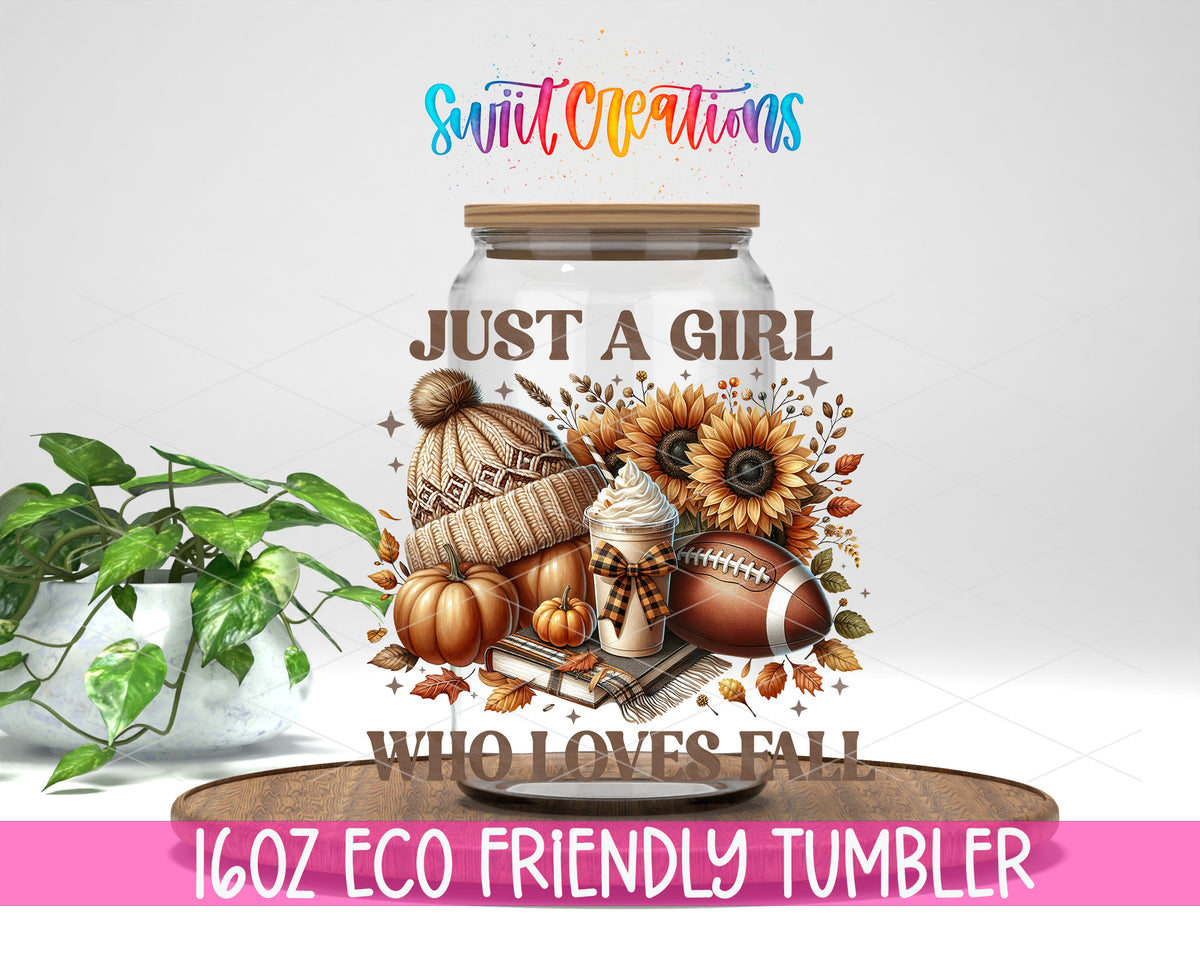Just a Girl Who Loves Fall design on a 16 oz clear glass tumbler with bamboo lid