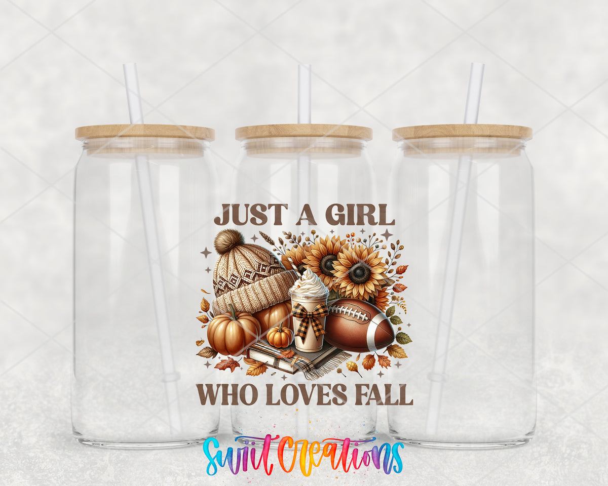 Just a Girl Who Loves Fall clear glass tumbler group mockup with bamboo lids and straws