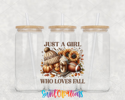 Just a Girl Who Loves Fall clear glass tumbler group mockup with bamboo lids and straws