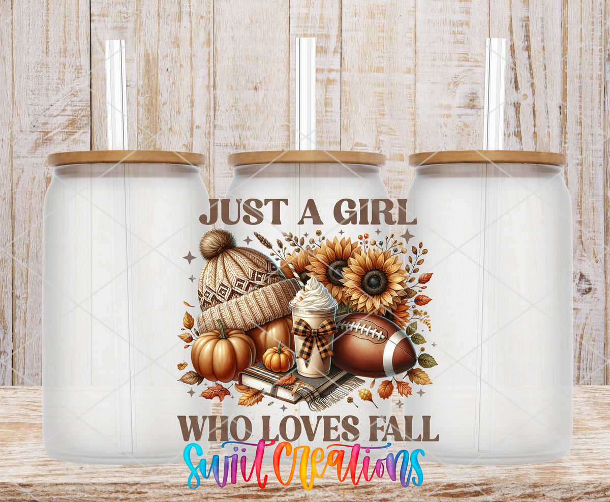 Just a Girl Who Loves Fall frosted glass tumbler mockup with bamboo lids and straws