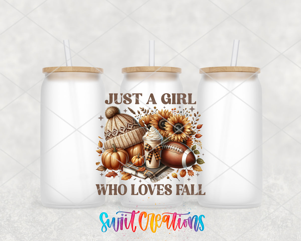 Just a Girl Who Loves Fall frosted glass tumbler group view with lids and straws