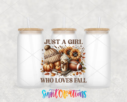 Just a Girl Who Loves Fall frosted glass tumbler group view with lids and straws
