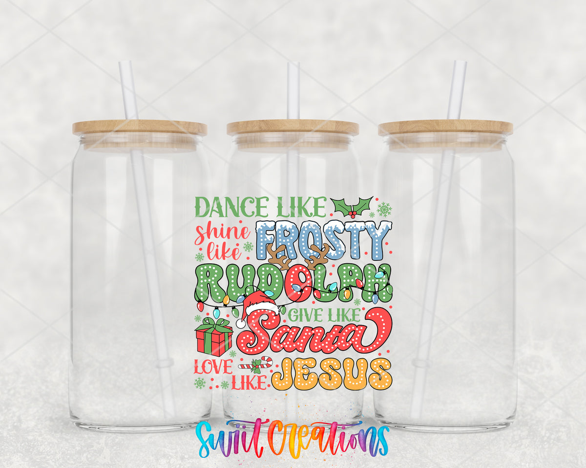 Dance Like Frosty Shine Like Rudolph clear glass tumbler group mockup with bamboo lids and straws