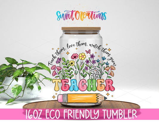 Teacher Watch Them Grow design on a 16 oz clear glass tumbler with bamboo lid