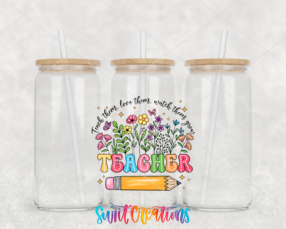 Teacher Watch Them Grow clear glass tumbler group mockup with bamboo lids and straws