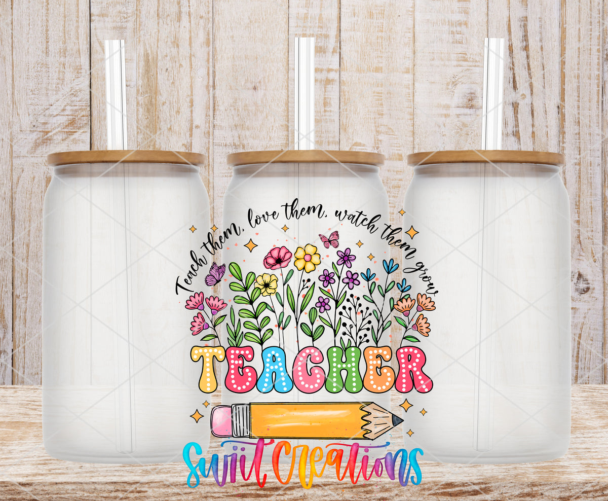 Teacher Watch Them Grow frosted glass tumbler mockup with bamboo lids and straws