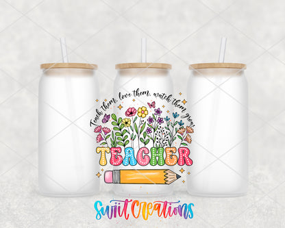 Teacher Watch Them Grow frosted glass tumbler group view with lids and straws
