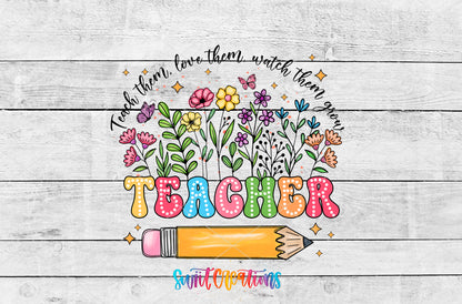Teacher Watch Them Grow artwork detail for the finished 16 oz tumbler