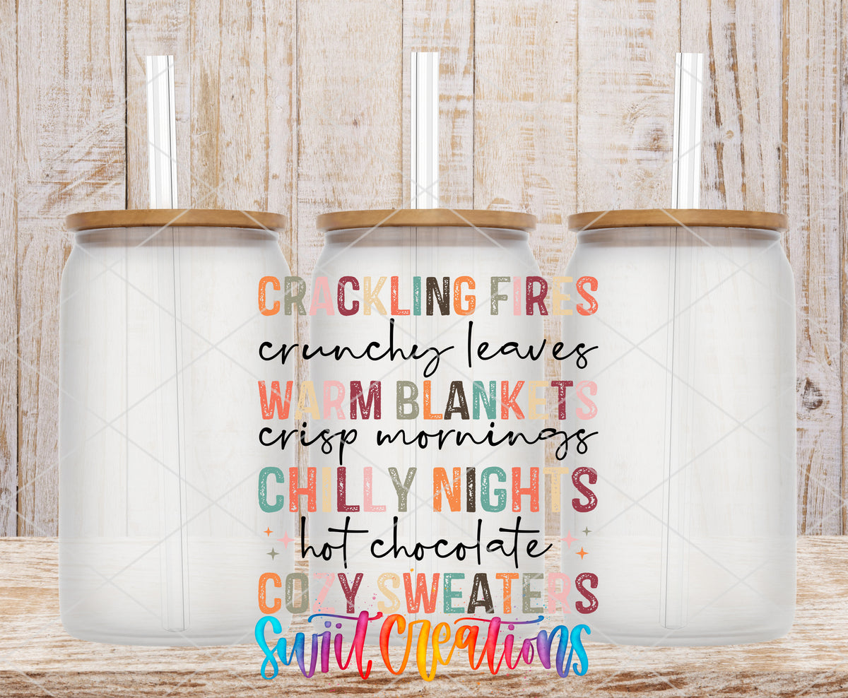 Crackling Fires Cozy Sweaters frosted glass tumbler mockup with bamboo lids and straws