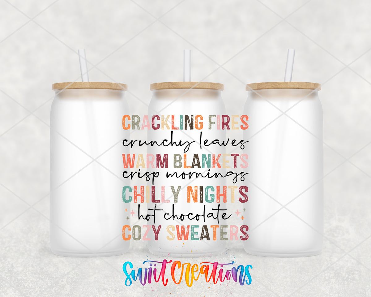 Crackling Fires Cozy Sweaters frosted glass tumbler group view with lids and straws