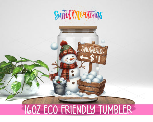 Snowball Stand Snowman design on a 16 oz clear glass tumbler with bamboo lid