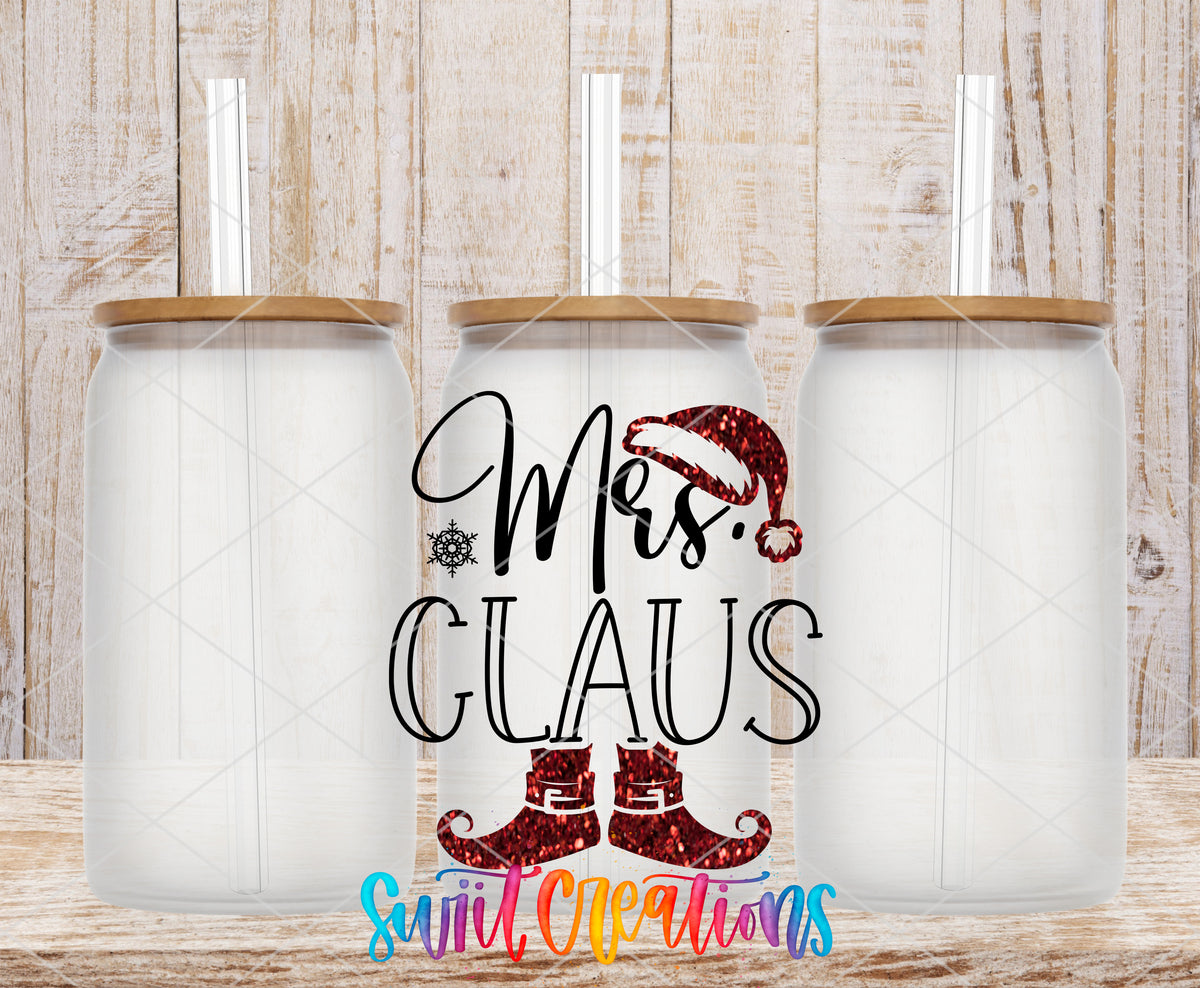 Mrs. Claus Christmas frosted glass tumbler mockup with bamboo lids and straws