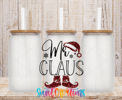 Mr. Claus Christmas frosted glass tumbler mockup with bamboo lids and straws