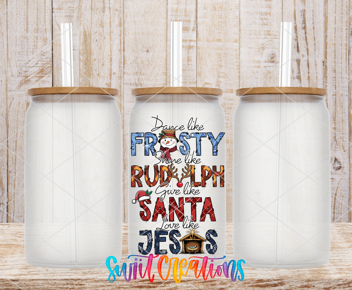 Dance Like Frosty Christmas frosted glass tumbler mockup with bamboo lids and straws